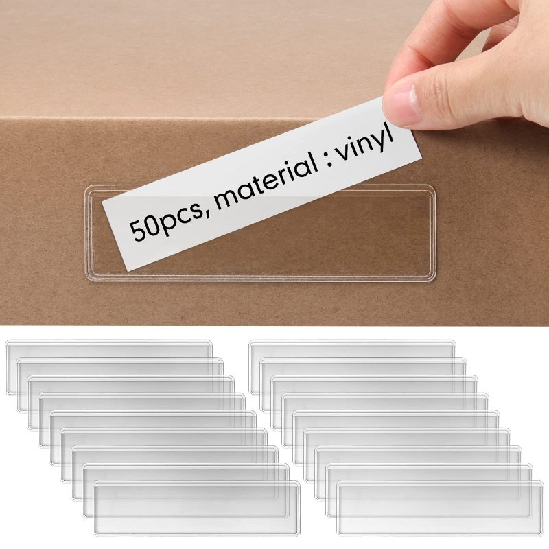 Epakh Label Holders Adhesive Shelf Tag 1.2 x 4.3 Inch Clear Shelf Tag Index Card Pockets Plastic Drawers File Cabinet Storage Bins Label Holder for Supermarket Bookshelf Mailbox Business Kitchen (50 Pack) - Image 1
